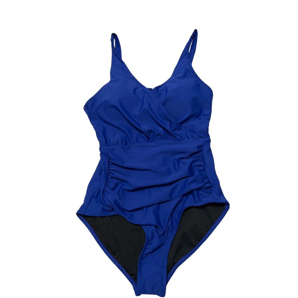 Blue One-Piece Tummy Control V Neck Ruched Padded Bathing Swimsuit NWT Size S - Picture 4 of 9